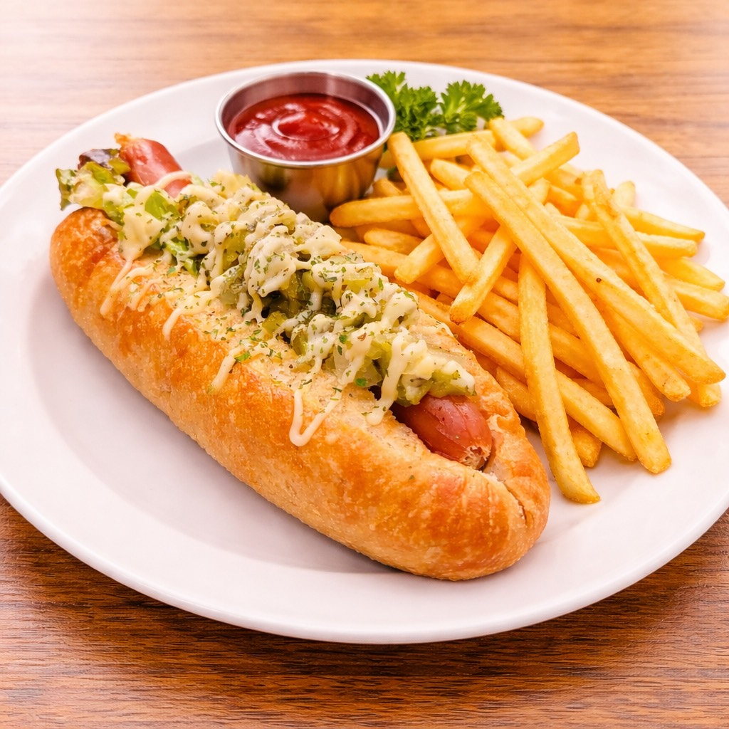 自家製ピクルスをトッピングしたホットドッグ